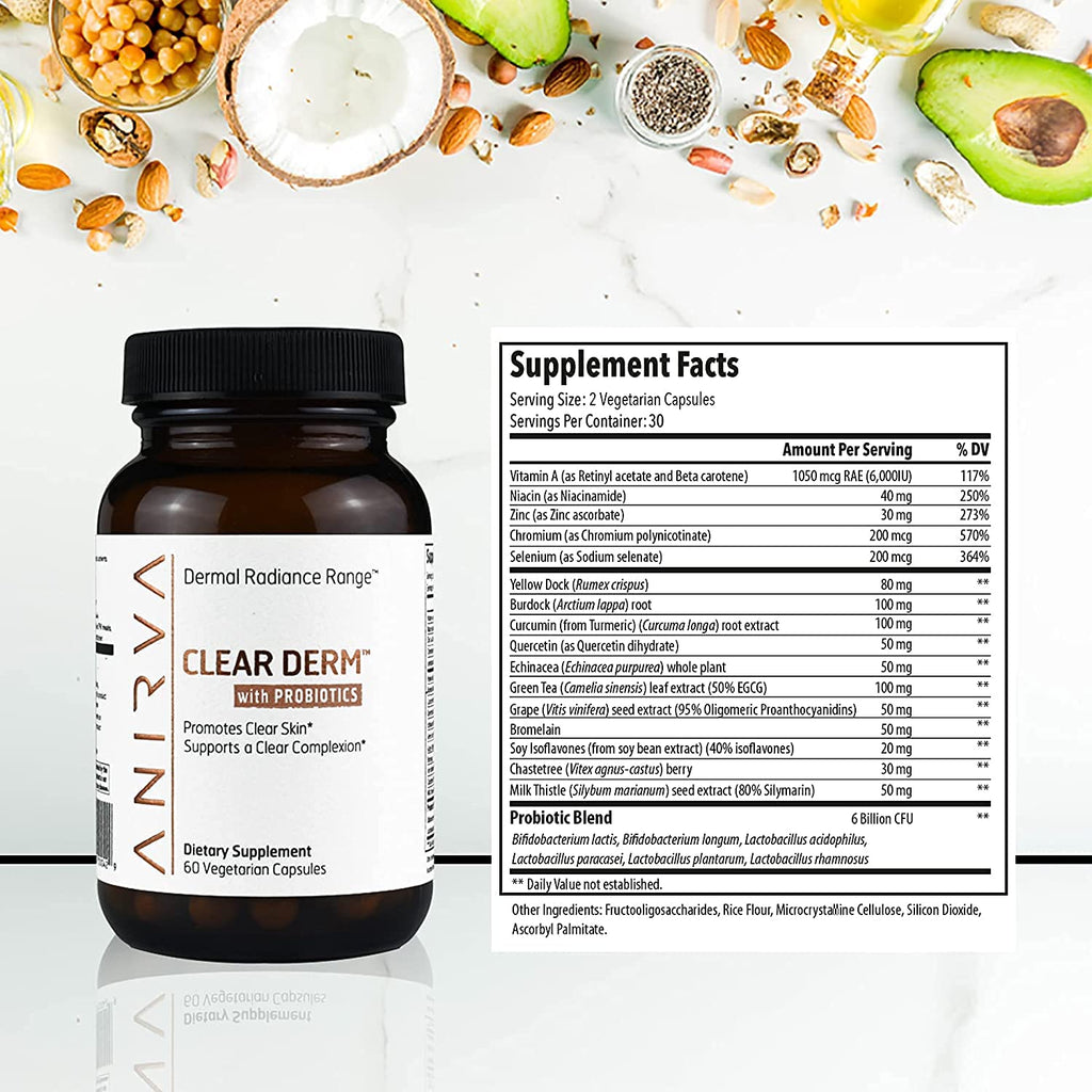 Clear Skin Supplement with Zinc & Probiotics for Adults – Supports Hormonal Acne, Breakouts & Rosacea – Acne Pills for Clearer Complexion – Anirva ClearDerm
