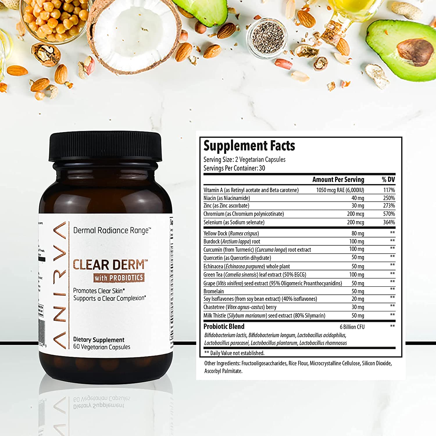 Clear Skin Supplement with Zinc & Probiotics for Adults – Supports Hormonal Acne, Breakouts & Rosacea – Acne Pills for Clearer Complexion – Anirva ClearDerm
