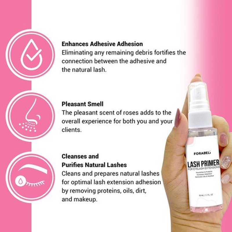 Forabeli Lash Primer Spray for Eyelash Extensions 50ml | Large Value Size Pre-Treatment | Maximum Retention & Adhesion Booster | Protein Remover & Cleanser | Oil Free Formula | 1.69 fl oz