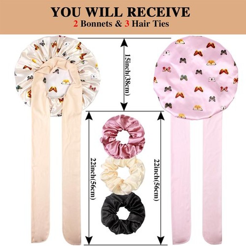 2+3 Large Satin Bonnets with Scrunchies for Women, Hair Bonnet Sleeping Tie Bonnet for Braids Curly Hair, H