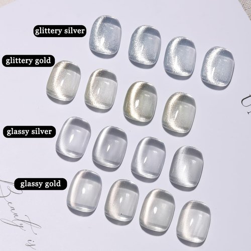 Fcozpjk Jelly Glass Cat Eye Gel Polish with Magnet, 4Pcs Silver Shimmer White Glassy Gel Polish Gold Cateye Magnetic Nail Gel Reflective Translucent Sheer Nail Polish Salon DIY Home Manicure 8ML
