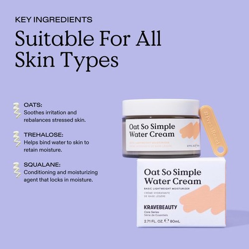KraveBeauty Oat So Simple Water Cream Moisturizer, Calming, Lightweight Hydrating Gel Face Cream for Sensitive Skin with Oat Extract & Squalane, Fragrance Free, 80 mL