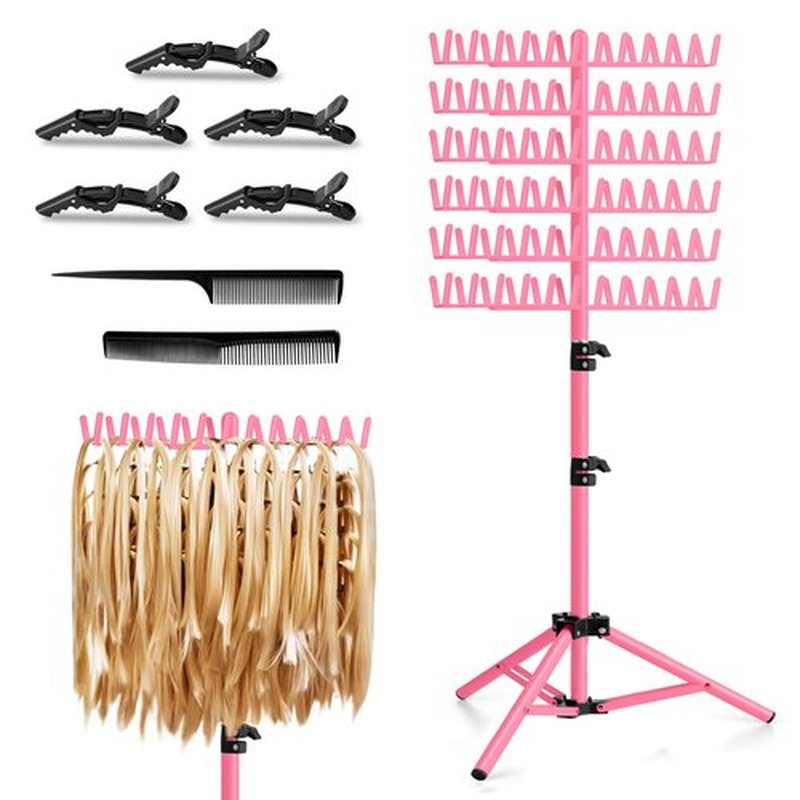 JANMPASK Braiding Hair Rack Height Adjustable 144 Pegs Braiding Rack Hair Extension Holder with Hair Braid Tools, Easy to Assemble (pink)