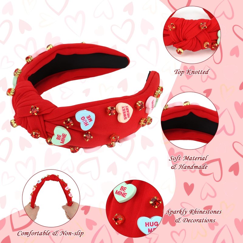 YARIEW Valentines Day Headbands for Women Love Sweet Red Heart Headband Rhinestone Knotted Headband for Women Valentine Day Decorations Fashion Headband Hair Accessories Red