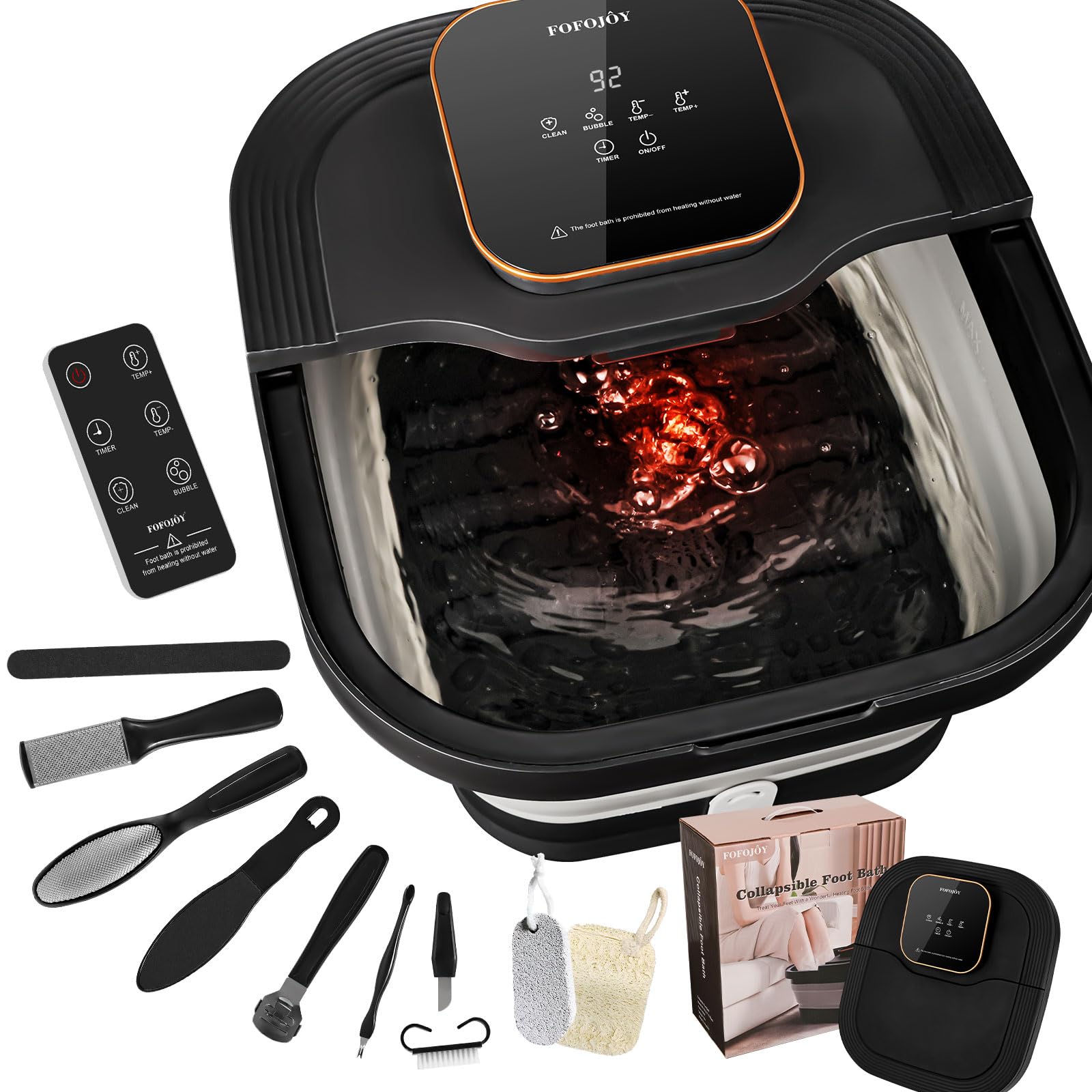 FOFOJÔY Collapsible Foot Spa Bath with Heat and Massage Roller, Bubble, Temperature Control, Remote Control, Foot Pedicure Kit, Pedicure Foot Spa