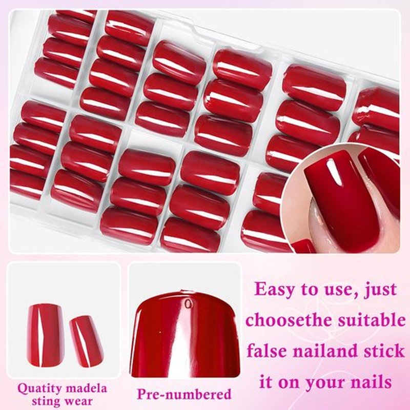 240pc Red Press on Nails Short Square Fake Nails with Adhesive Tabs, Square Nails Press ons Red Glue on Nails Short Acrylic Nails Stick False Artificial Fingernail for Women Girls