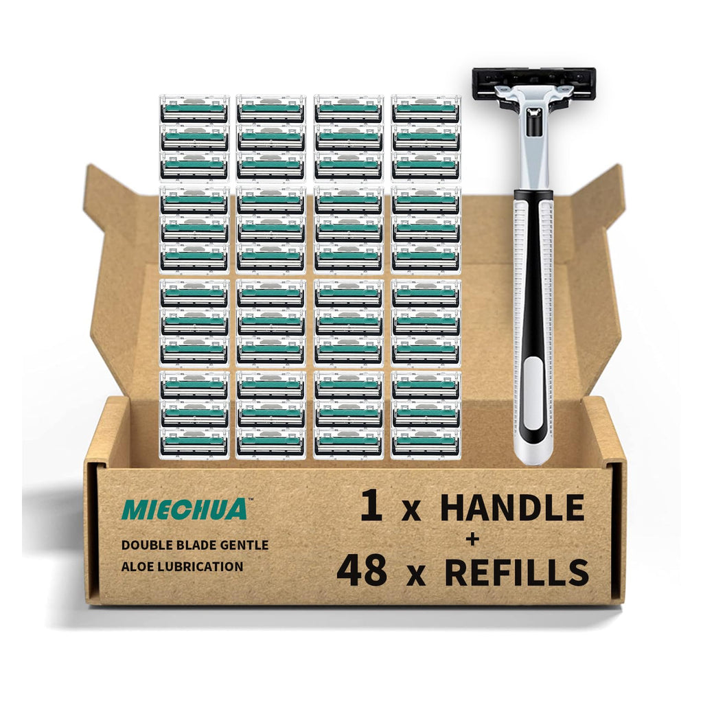 Razors for men Shaving,2-Blade mens Razor Cartridges Includes 1 Handles and 48 Replaceable razor head, With Lubricating Strip - Compatible With Atra Razor Handles（48 Cartridges reffills）