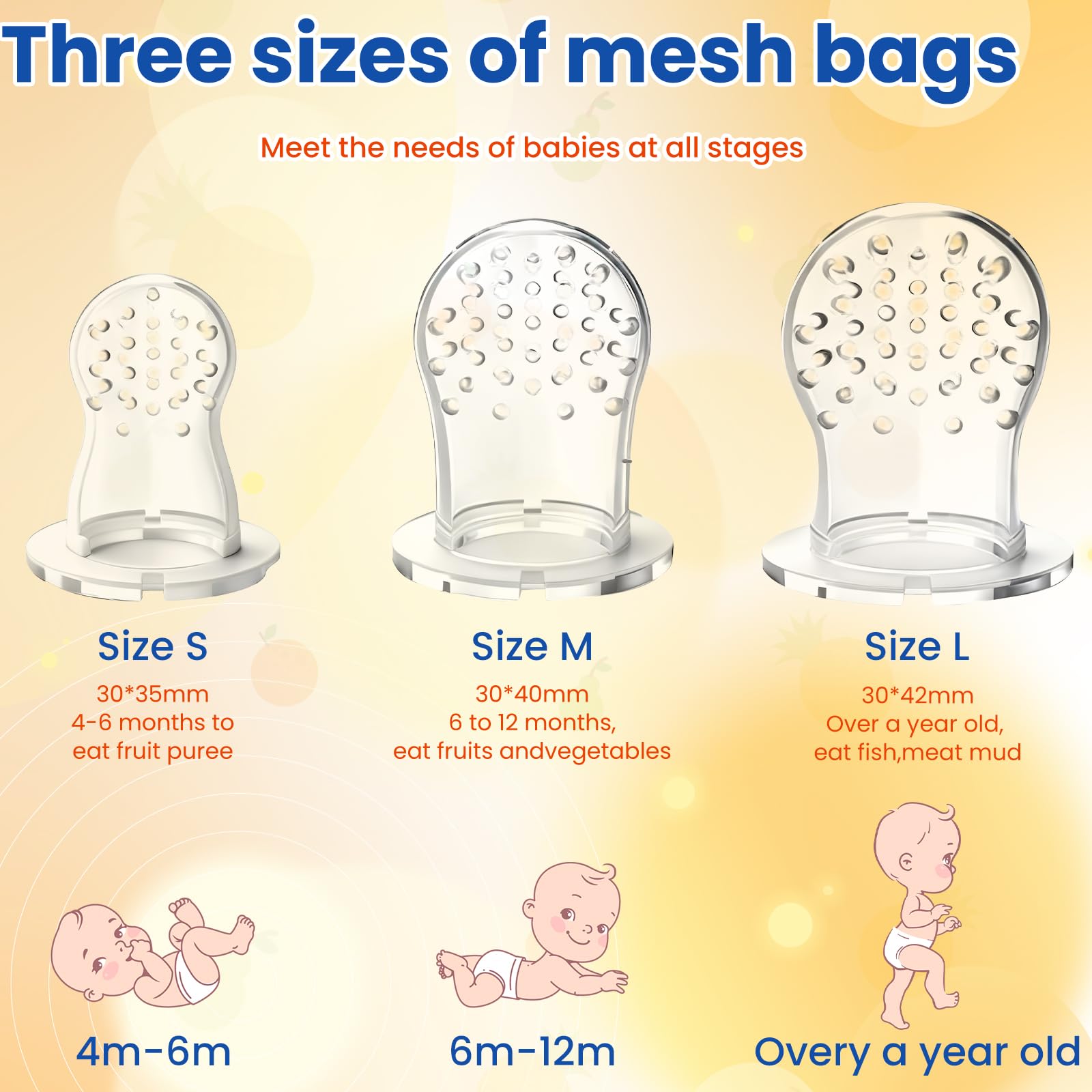 Baby Fruit Food Feeder Pacifier - Fresh Teething Pacifiers, 3 Different Size Silicone Pouch,Teethers for Babies 6-24Months, Baby Solid Food Essentials, Nutrition Feeder, BPA Free,1 Pice, Orange