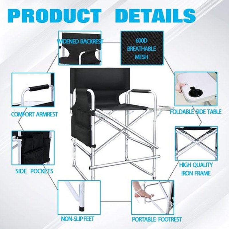 AQNIEGEP Makeup Chair - 41" Tall Folding Director's Chair with Side Table & Cup Holder | Supports 400 lbs