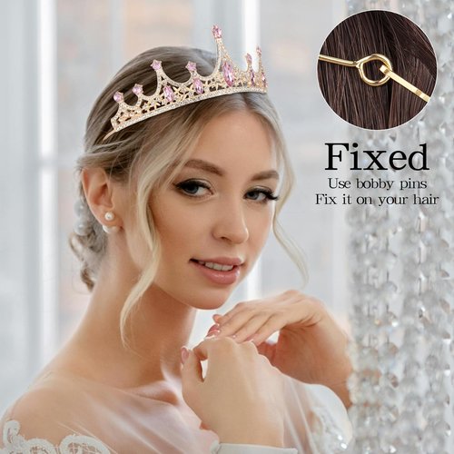 CURASA Gold and Pink Princess Crown Tiaras and Crowns for Women Wedding Headpiece for Birde Crysal Tiara for Little Girls Queen Crown for Bridal Birthday Party Prom Halloween Pageant