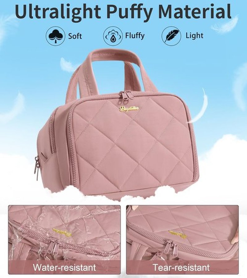 Skiennix Travel Toiletry Bag - Large Wide-Open Quilted Makeup Organizer | Water-Resistant Dark Pink