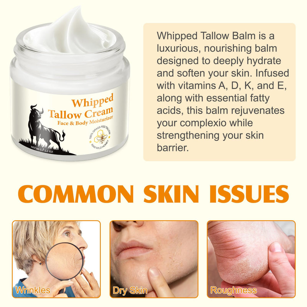 Beef Tallow for Skin 2.1 OZ - Suitable for Sensitive Skin, Grass Fed Tallow Deeply Nourishing for Face & Body. Whipped Tallow Cream and Honey Balm Face Moisturizer.