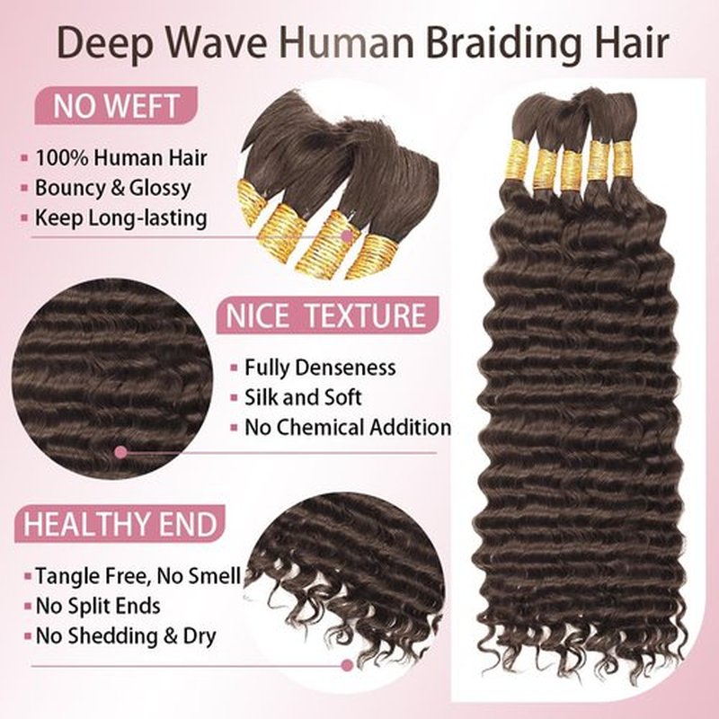 Boho Hair for Braiding Human Braiding Hair 150g 5 Bundles/Pack 18 inch Deep Wave Boho Hair 100% Unprocessed Brazilian Virgin Hair Chocolate Brown Braiding Hair Bohemian No Weft
