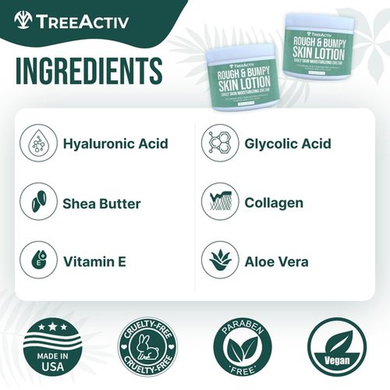 TreeActiv Rough and Bumpy Skin Lotion, 8 fl oz, With Hyaluronic Acid, Shea Butter and Vitamin E, Nourishing Lotion for Rough and Bumpy Skin, Moisturizing Strawberry Legs, For All Skin Types