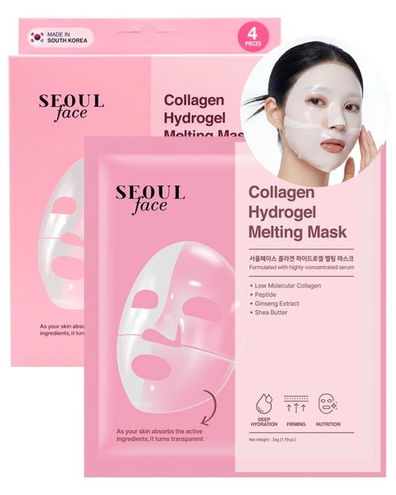 DERMAL Seoul Face Collagen Hydrogel Melting Mask (4 Pack) - Korean Overnight Face Mask for Glassy Skin & Pore Care - Deep Hydration Jelly Gel Sheet with 300Da Low Molecular Collagen Ritual