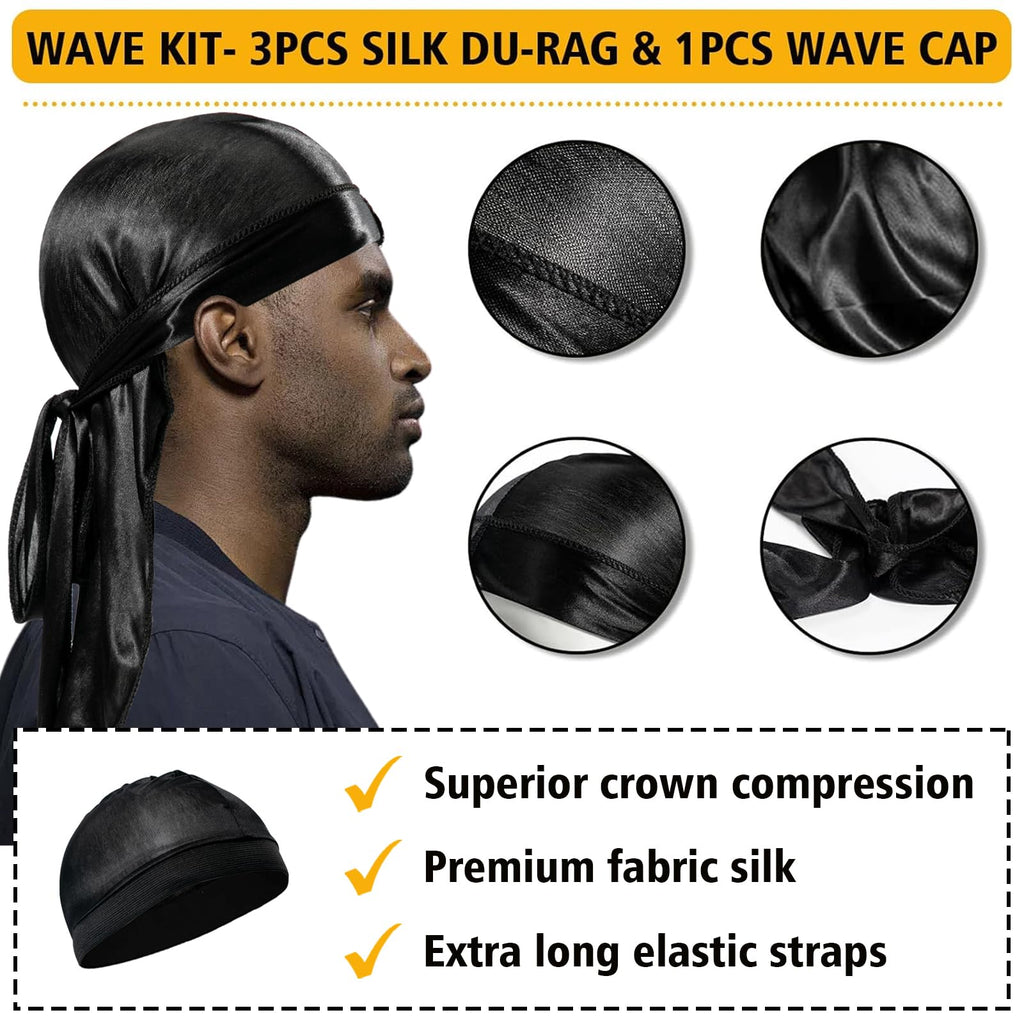 Wave Pomade for Men Strong Hold Easy Wash 360 Wave Training Hair Cream, Waves Grease for Men Promotes Layered Waves, Moisture, Silky Shine, Wave Pomade Wave Brushe Silky Durag Wave Cap Set (Blue)