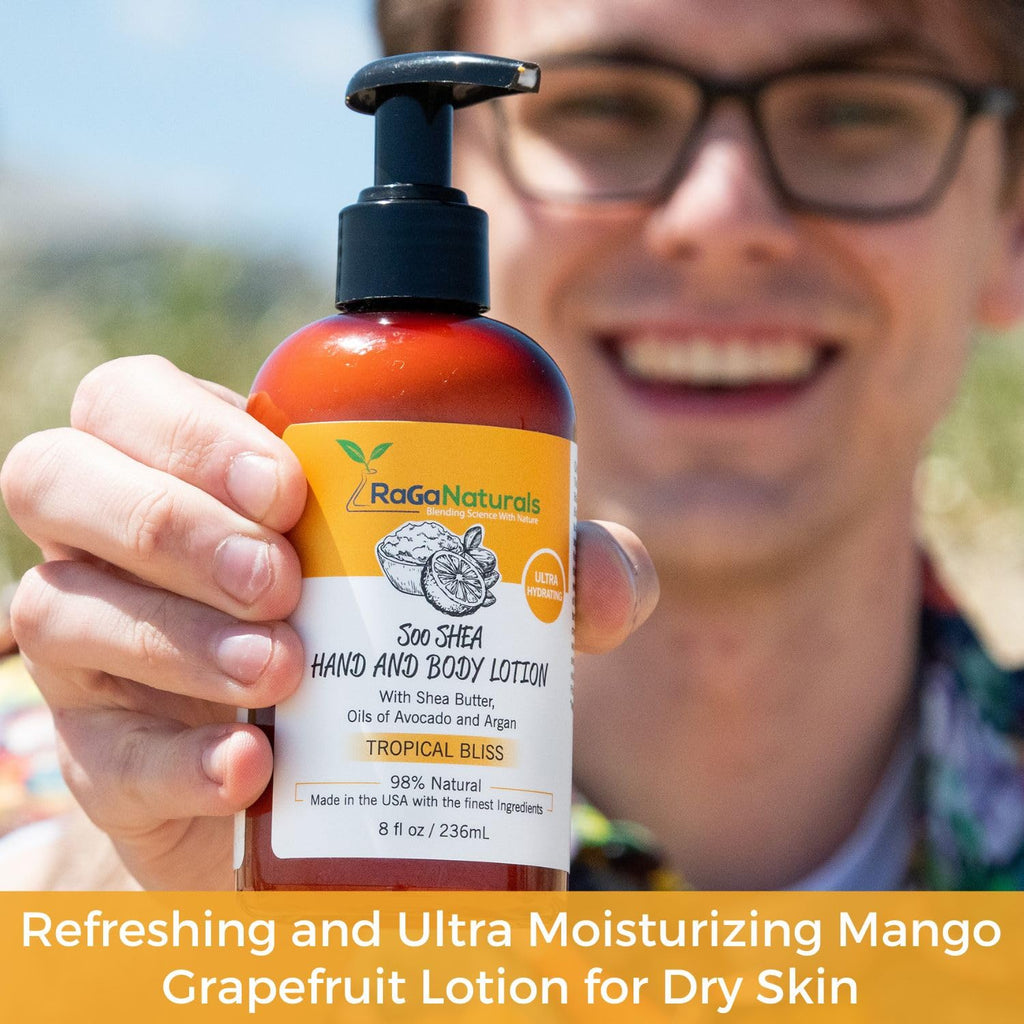 RaGaNaturals Natural Mango Shea Butter Lotion - Tropical Lotion with Vitamin E, B5, Argan & Avocado Oil - Refreshing, Hydrating & Nourishing Moisturizer - Vegan, Cruelty-Free & Paraben Free - 8 Oz