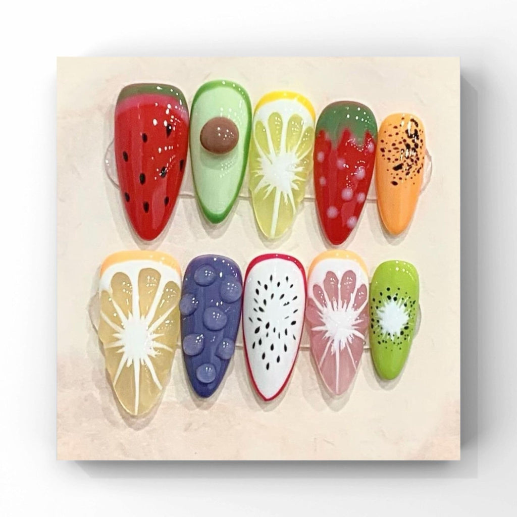 Wsliana Handmade Press On Nails - Medium Almond False Nail Tips, 3D Fruit Design, 10pcs Reusable Glue On Acrylic Fake Nails, Long-Lasting, Easy Fit | Fashionable Nail Kit | Natural Look (076, M)