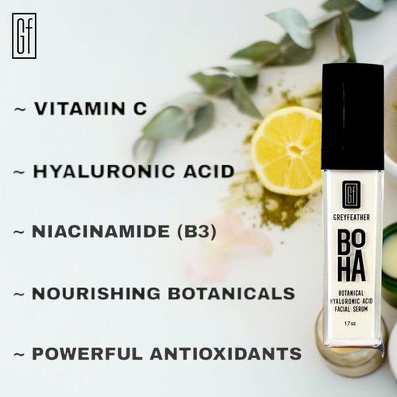Greyfeather Hyaluronic Acid Serum – Botanical Hydration with Vitamin C & E | Anti-Aging Facial Serum for Fine Lines & Dry Skin – Vegan & Fragrance-Free, 1.7oz