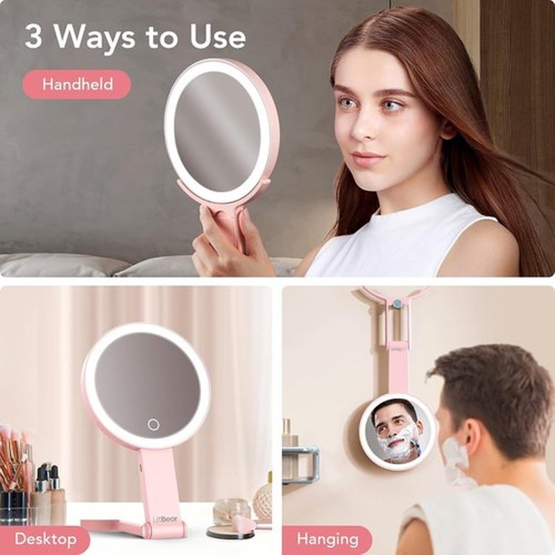 LitBear Travel Makeup Mirror - Rechargeable Double-Sided 10X/1X Magnifying Mirror | Dimmable Touch Screen, Pink