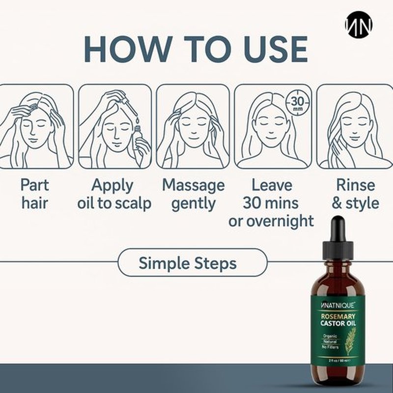 Natnique Rosemary Castor Oil – 100% Pure Cold-Pressed Organic Hair Growth Oil, Hexane-Free Scalp Serum & Moisturizing Treatment for Dry Scalp, Fuller Hair, Stronger Roots & Natural Care – 2oz