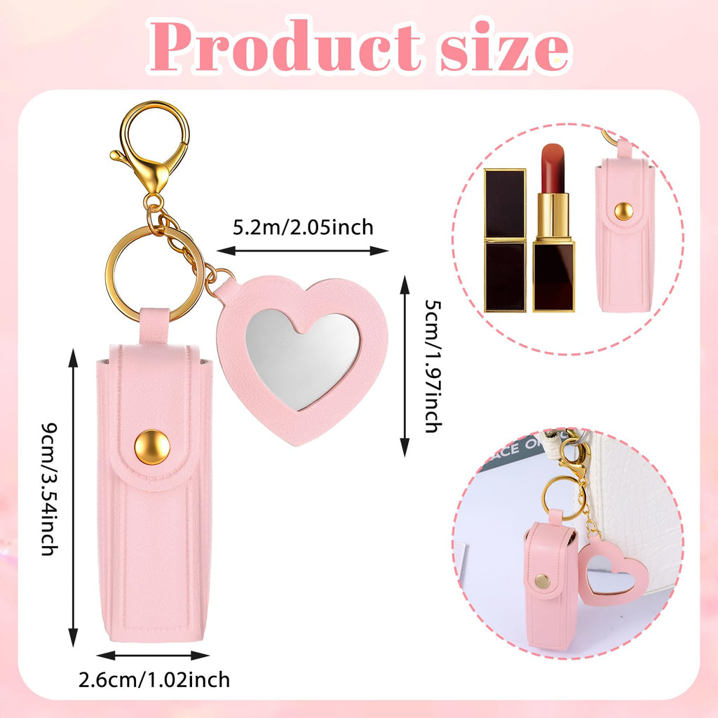 Xyembu 4 Pcs PU Leather Potable Lipstick Holder Keychain, Potable Lipstick Keychain Case Organizer, Lip Balm Holder with Mirror, Lip Gloss Keychains Holders, Travel Storage Case for Women