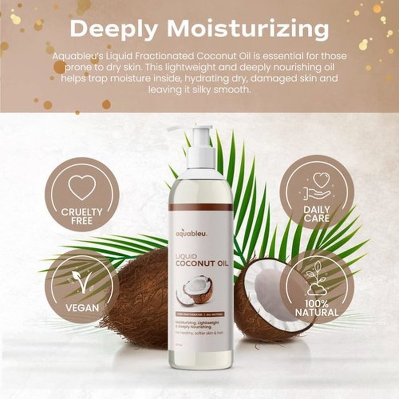 Aquableu Fractionated Liquid Coconut Oil - 100% Pure and All-Natural - Moisturizing, Lightweight and Deeply Nourishing - Promotes Healthy, Softer Skin & Hair - Hydrating - 12 oz