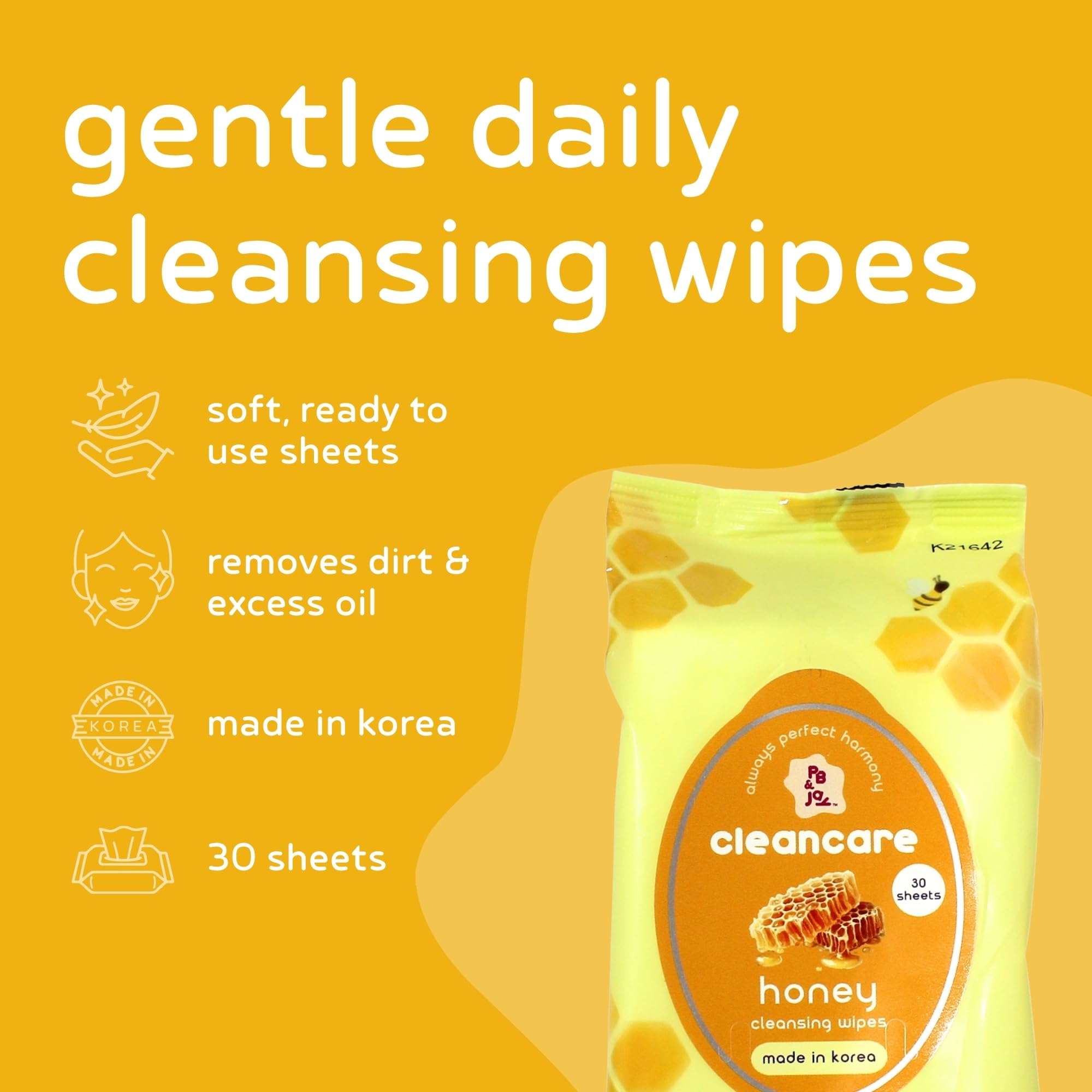PB & JAY Honey Makeup Remover Wipes | Korean Face Wipes (30 Count)