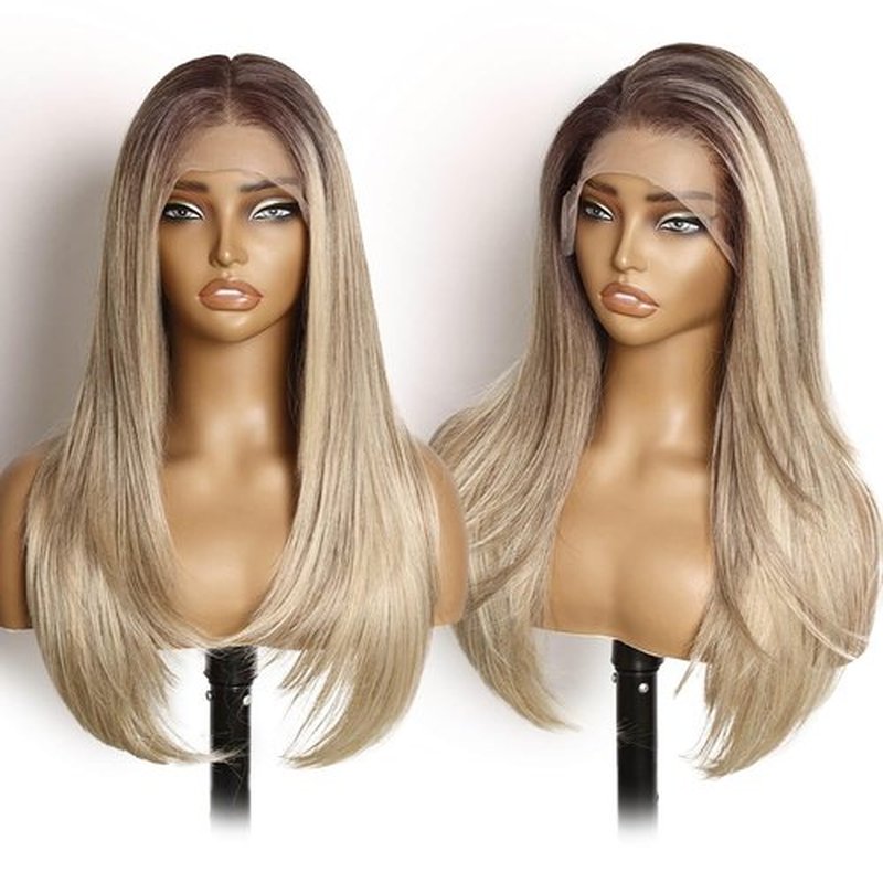 Eawwii 13x6 HD Lace Front Glueless Ombre Blonde Wig for Women Free Parting Layered Straight Synthetic Hair Natural Hairline Heat Resistant Beginner Friendly Daily Use 24 Inch