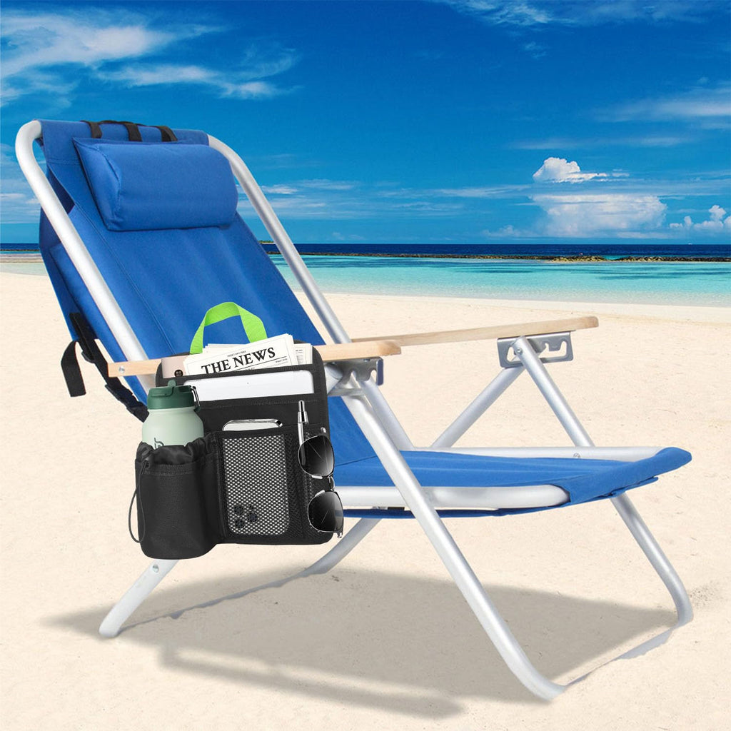 BOHEMIABY Beach Chair Cup Holder Attachment with Insulated Sleeve & 5 Pockets, Adjustable Armrest Organizer Caddy for Lawn Chairs, Camping, Stadium, Office (Black)