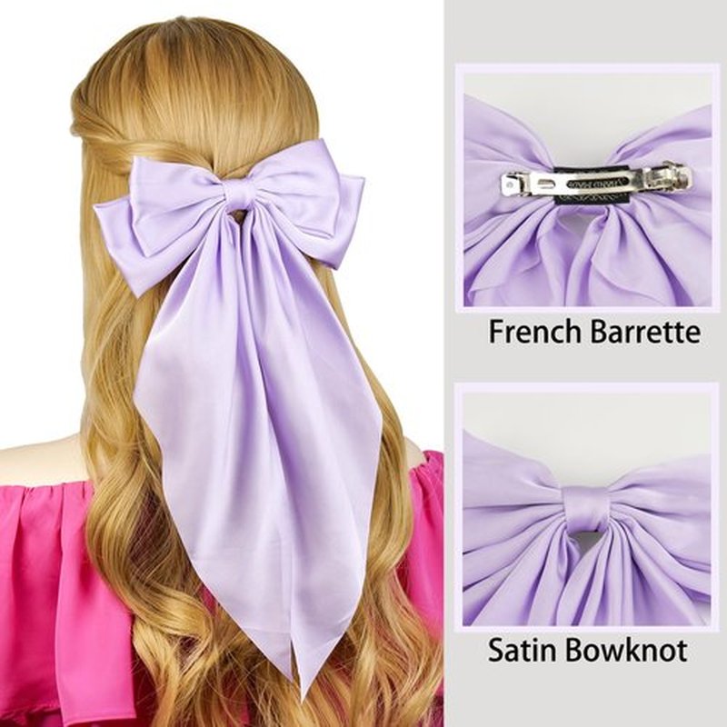 JGQUR Pastel Satin Bows Hair Accessories 4PCS - Long-Tail Bow Clips for Women, Sky Blue Lilac Light Pink Beige - Stylish Hair Barrettes for Spring and Casual Looks