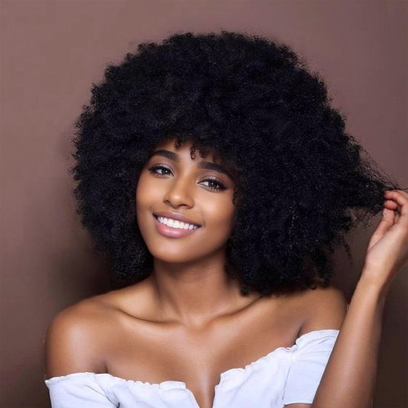BESSY HAIR Black Afro Wigs for Women, 70s Disco Wig with Bangs Big Bouncy Fluffy Puff and Soft Natural Look Synthetic Black Hair Curly Afro Wigs for Daily Party Cosplay Costume Halloweeen 14 Inch
