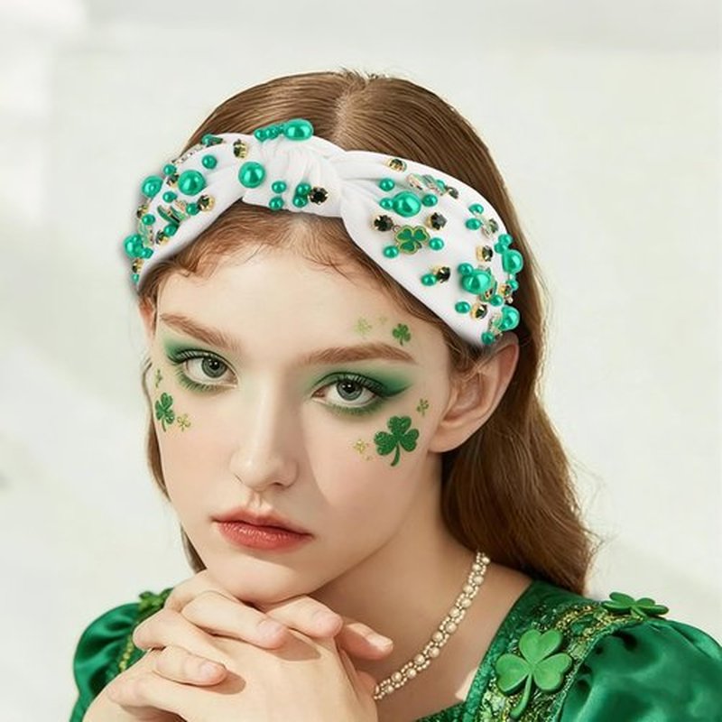 AMCAMI St Patricks Day Headband for Women, Green & White Shamrock Knotted Headband, St Patty's Day Hair Accessories for Women & Girls