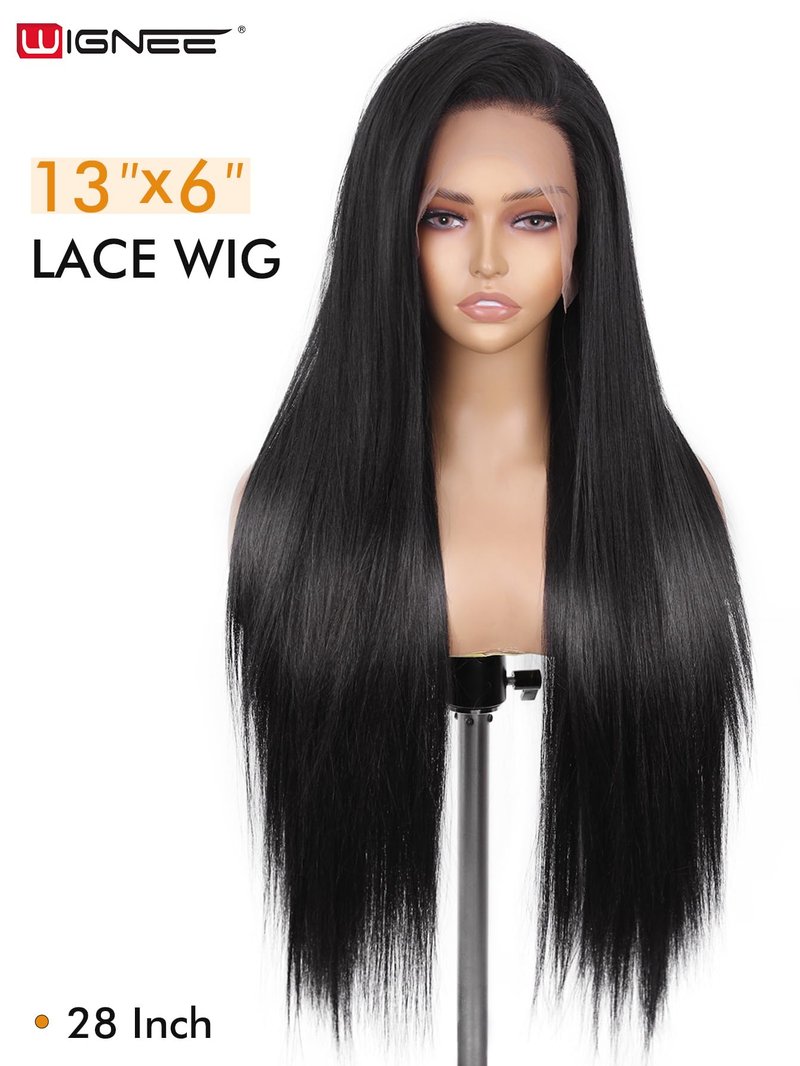 WIGNEE 13x6 Synthetic Lace Front Wig 28" Long Straight Wig Natural Black Kanekalon Futura Synthetic Wigs for Black Women Pre-Plucked Glueless Wig for Daily Party Use