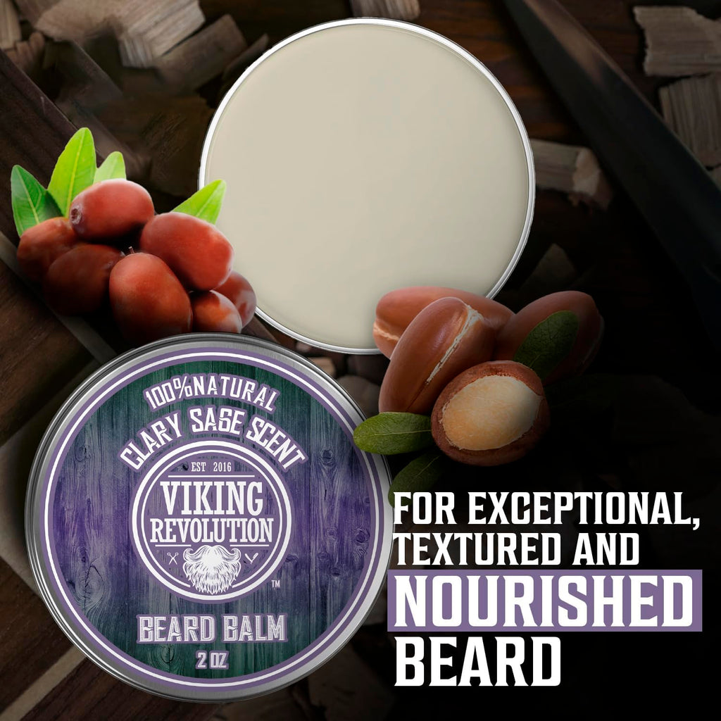 Viking Revolution Clary Sage Beard Balm - Beard Butter with Argan Oil, Beard Softener for Men with Jojoba Oil - Beard Moisturizer for Men with Beeswax - Beard Wax for Men (2oz, 1 Pack)