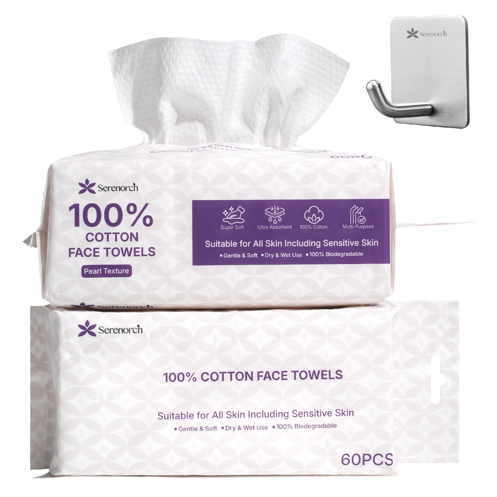 Serenorch Disposable Face Towels Travel Pack 3 Packs (45 Count), XL 10x12 Portable Face Towelettes, Makeup Remover Dry Wipes for Vacation, Gym, Camping and Sensitive Skin