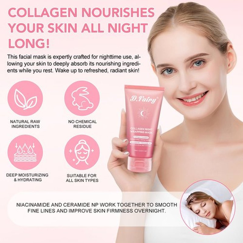 D.Fairy Collagen Overnight Wrapping Peel Off Facial Mask Pack - Collagen Night Wrapping Mask - Hydration Care - Reduces Sagging & Dullness - Hydrolyzed Collagen For Glowing Skin, 2.53 fl.oz