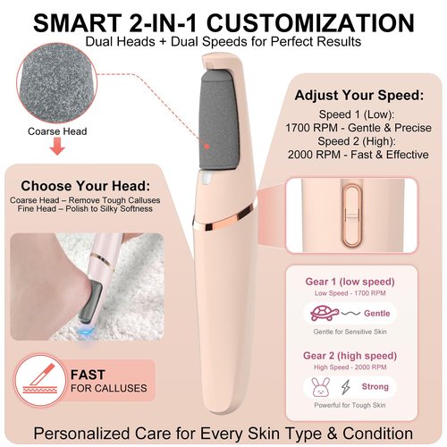 Electric Foot File, Callus Remover for Feet,Rechargeable Foot Pedicure Tool for Dry &Dead Cracked Skin,Professional Cordless Hard Skin Removal with 2 Durable Heads