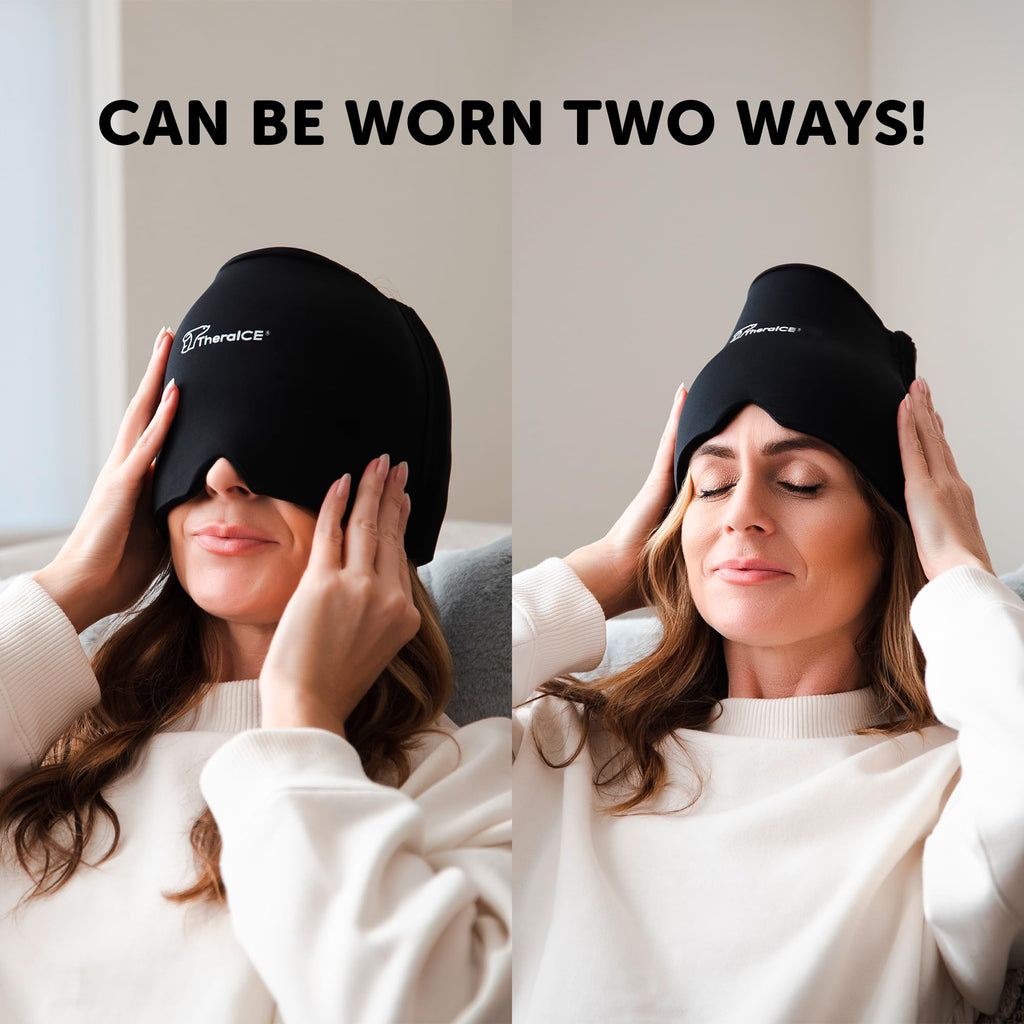 TheraICE Migraine Relief Cap | Soothing Headache Hat Ice Pack Mask | Face Cold Compress Cooling Gel Head Wrap Products for her Sinus Tension Stress Hangover & Puffy Eyes | Great Birthday Gift for Mom