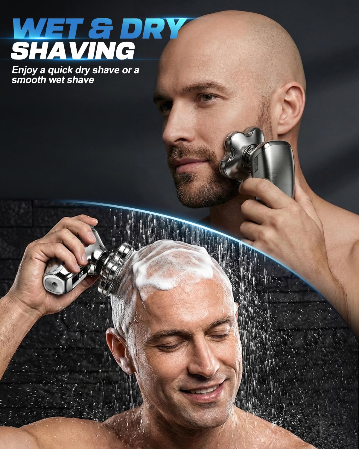 Maraiss Head Shaver for Bald Men, 7D Floating Head Electric Razor, IPX7 Waterproof Wet & Dry Bald Shaver with Magnetic Detachable Blade, Type-C Fast Charging LED Display, Gift for Men Father's Day