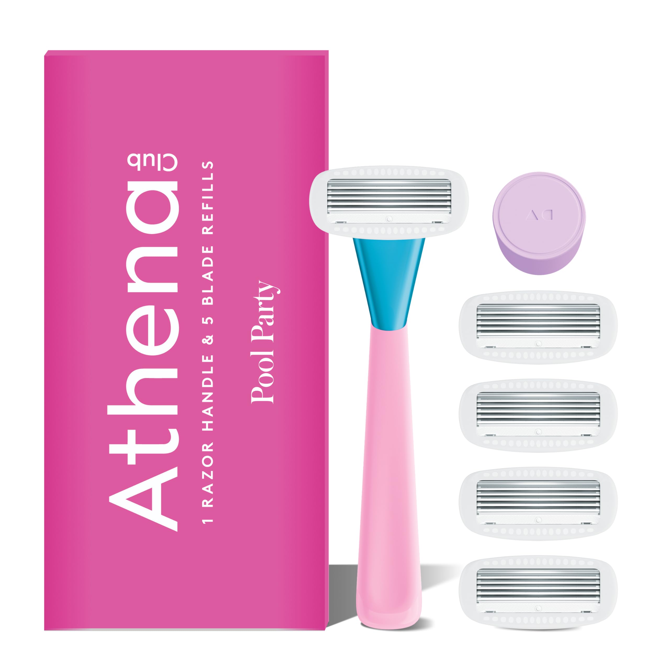 Athena Club Women’s Razor Kit, 5-Blade Cartridge Razor for Sensitive Skin, Serum-Infused Blades with Shea Butter and Hyaluronic Acid, Includes Handle, 5 Refills and Magnetic Shower Hook - Pool Party