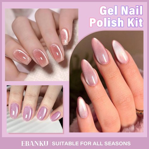 EBANKU Cat Eye Gel Polish Set Same Color Same Bottle, 6Pcs 0.5Oz Holographic Nude Pink Red Blue Magnetic Gel Nail Polish Kit, Soak Off UV Gel Cat Eye for Manicure Salon DIY at Home