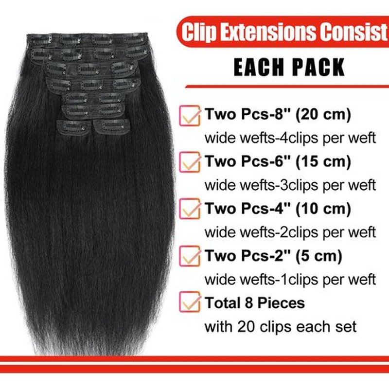 Kinky Straight Clip ins 18 Inch Clip in Hair Extensions Real Human Hair for Black Women Brazilian Remy Human Hair Extensions 110g 8Pcs Per Set with 20 Clips Double Weft Natural Black