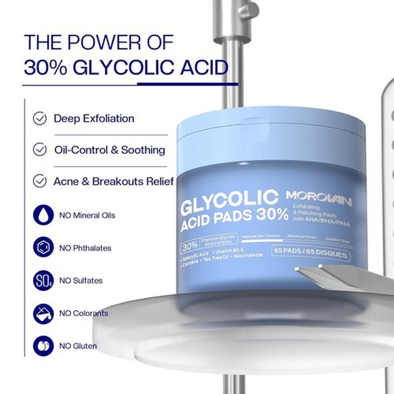 Morovan Glycolic Acid Pads - 30% Dual-Sided Exfoliator for Blemishes | 65 Pads for Clearer Skin