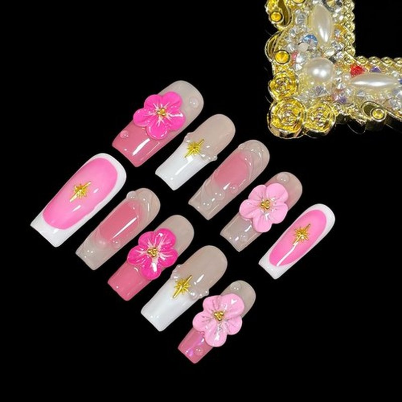 Handmade Press On Nails Medium/Long Square Pink 3D Sakura Design - Reusable French Acrylic Fake Nails with Gold Stars & Pearls, Luxury Cherry Blossom False Nails (Pink Sakura, M)