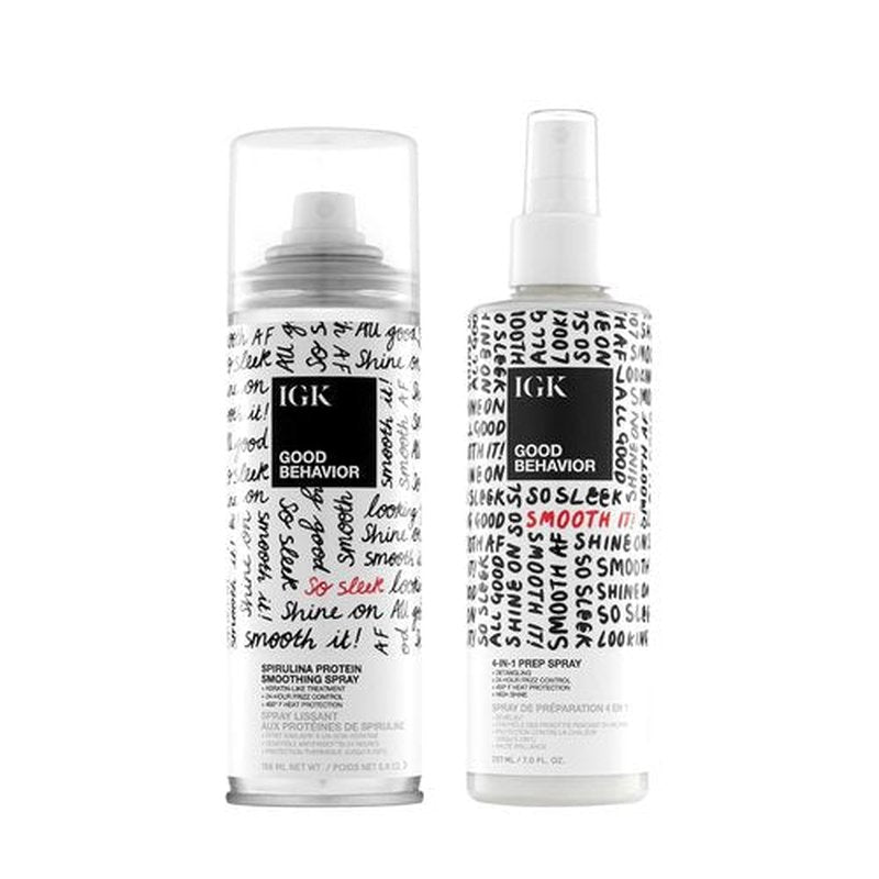 IGK Good Behavior Smoothing Frizz Fighters Set - 4-in-1 Prep Spray & Spirulina Protein Spray | Frizz Control & Heat Protection | Vegan & Cruelty-Free