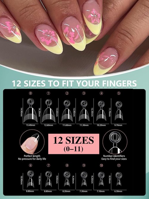 HWHUNO Square Toe Nail Tips&XS Almond Acrylic Nails Tips Short Half Cover Soft Gel Pre-shape, Toenails Extensions Clear Fake Toenail Tips,480Pcs 12Size 2 Box