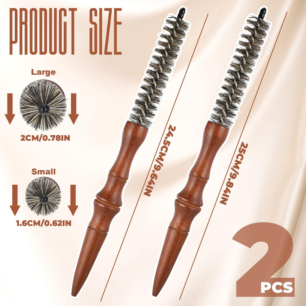 2pcs Small Round Brush Wooden Handle Boar Bristle Round Brush for Short Hair Roller Quiff Hair Combs Portable Travel Circular Hairbrush for Women Men Bangs Roots Straight Curling Mustache Brushs