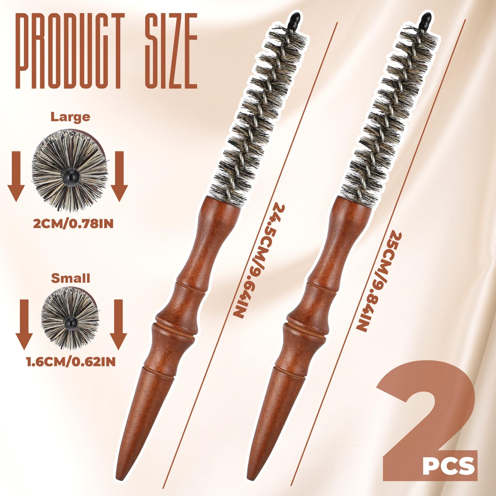 2pcs Small Round Brush Wooden Handle Boar Bristle Round Brush for Short Hair Roller Quiff Hair Combs Portable Travel Circular Hairbrush for Women Men Bangs Roots Straight Curling Mustache Brushs