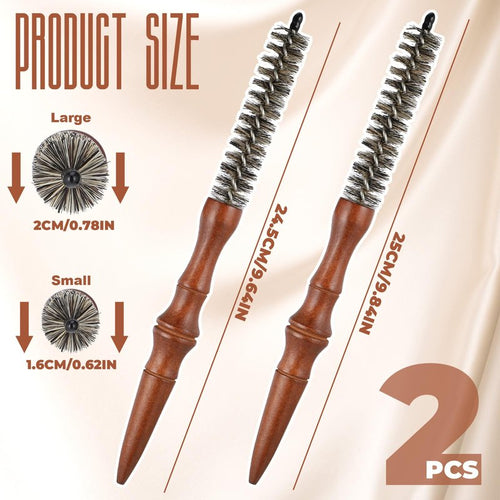 2pcs Small Round Brush Wooden Handle Boar Bristle Round Brush for Short Hair Roller Quiff Hair Combs Portable Travel Circular Hairbrush for Women Men Bangs Roots Straight Curling Mustache Brushs